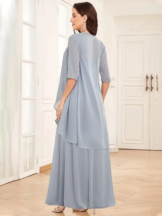 Mother of The Bride Dresses with Jacket 2 Pieces Half Sleeve Tea Length Chiffon Mother Groom Dresses