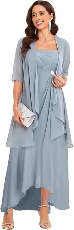 Mother of The Bride Dresses with Jacket 2 Pieces Half Sleeve Tea Length Chiffon Mother Groom Dresses