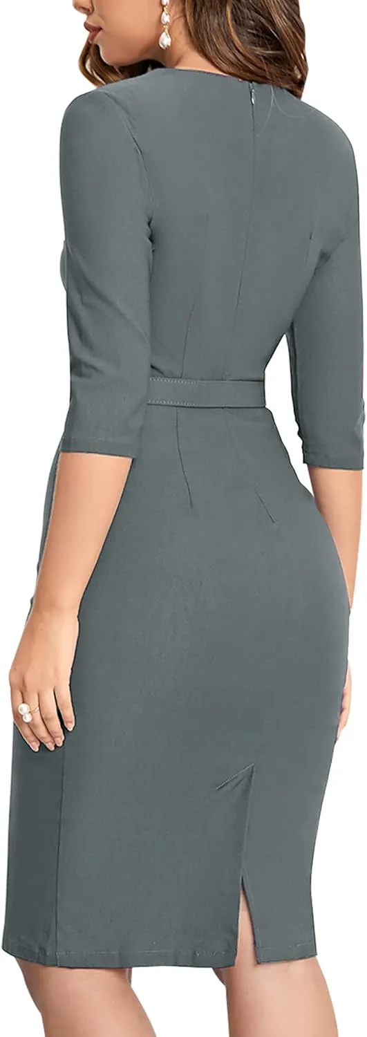 MUXXN Women's Audrey Hepburn 1960s Half Sleeve Formal Work Dress with Belt