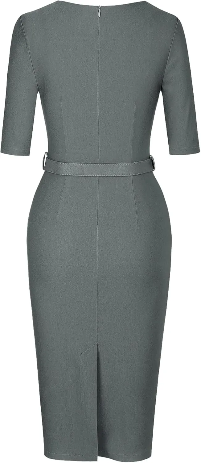 MUXXN Women's Audrey Hepburn 1960s Half Sleeve Formal Work Dress with Belt