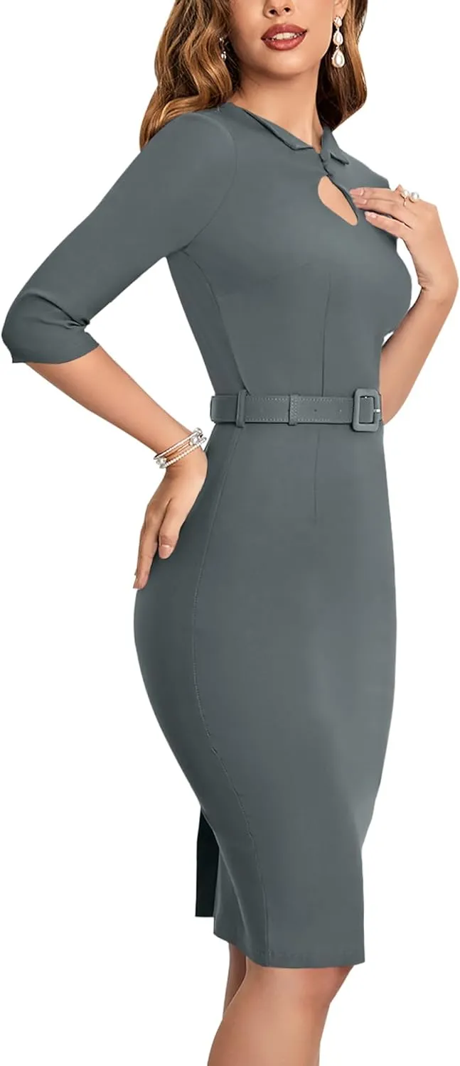 MUXXN Women's Audrey Hepburn 1960s Half Sleeve Formal Work Dress with Belt