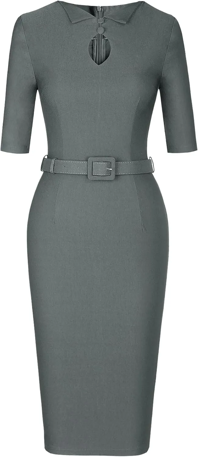 MUXXN Women's Audrey Hepburn 1960s Half Sleeve Formal Work Dress with Belt