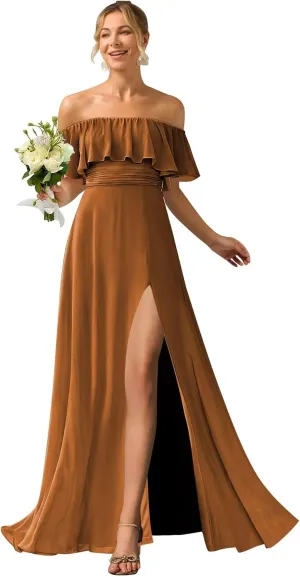 MYDRESS Off The Shoulder Bridesmaid Dresses with Slit A Line Chiffon Long Formal Evening Dress