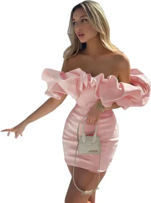 Off Shoulder Mermaid Homecoming Dresses for Women 2024 Short Ruffles Tube Satin Formal Evening Cocktail Party Gowns GL0009