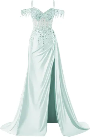 Off Shoulder Mermaid Prom Dresses Satin Corset Evening Gown Sequin Beaded Formal Dress with Slit