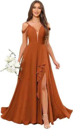 Off The Shoulder Bridesmaid Dresses with Slit Lace V-Neck Chiffon A Line Prom Formal Gown with Ruffle
