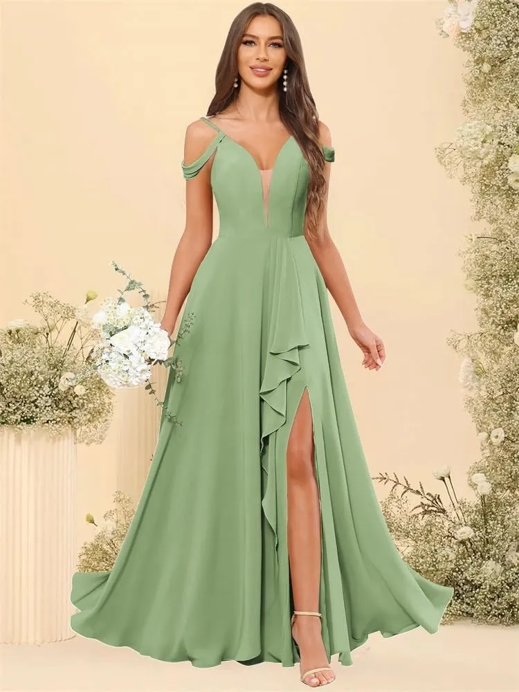 Off The Shoulder Bridesmaid Dresses with Slit Lace V-Neck Chiffon A Line Prom Formal Gown with Ruffle