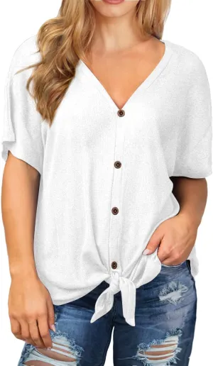OLRIK Womens Plus Size Tops Short Sleeve V Neck Waffle Knit Tunic Blouse Tie Front Button Up T Shirts