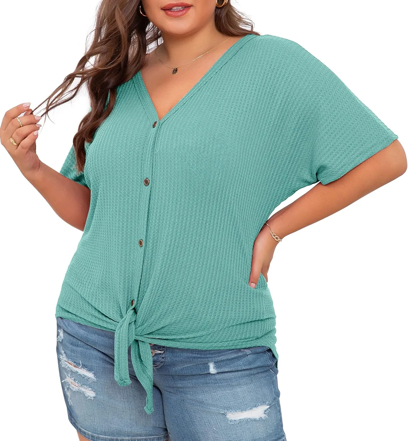 OLRIK Womens Plus Size Tops Short Sleeve V Neck Waffle Knit Tunic Blouse Tie Front Button Up T Shirts