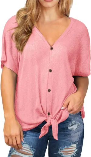 OLRIK Womens Plus Size Tops Short Sleeve V Neck Waffle Knit Tunic Blouse Tie Front Button Up T Shirts