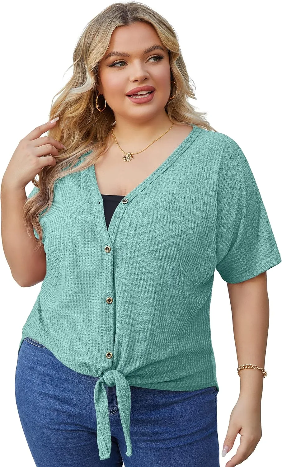 OLRIK Womens Plus Size Tops Short Sleeve V Neck Waffle Knit Tunic Blouse Tie Front Button Up T Shirts