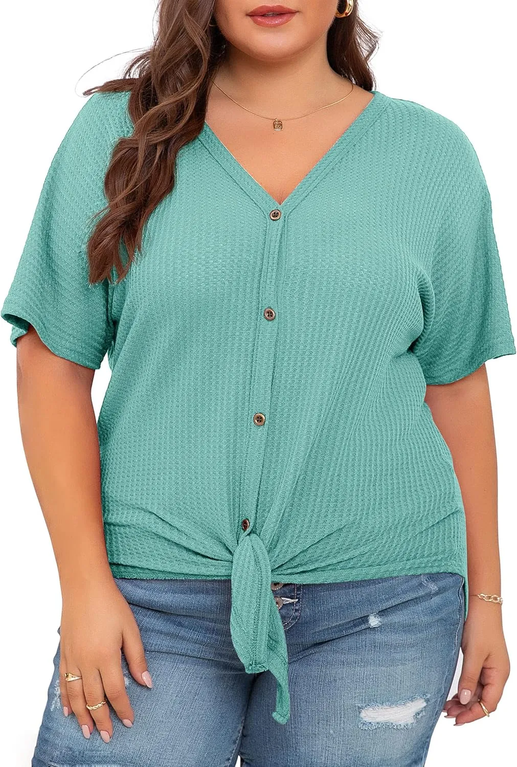 OLRIK Womens Plus Size Tops Short Sleeve V Neck Waffle Knit Tunic Blouse Tie Front Button Up T Shirts