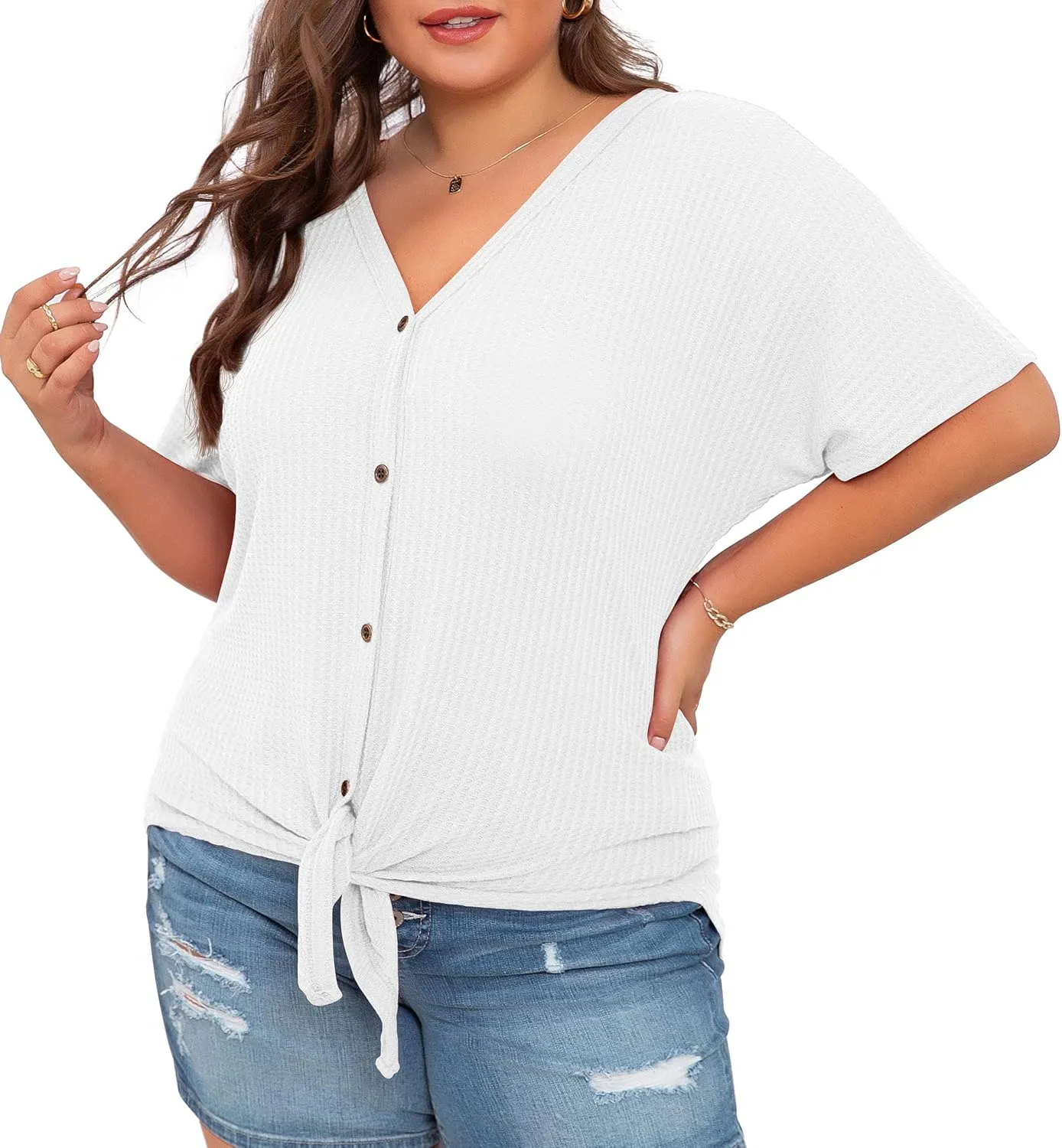 OLRIK Womens Plus Size Tops Short Sleeve V Neck Waffle Knit Tunic Blouse Tie Front Button Up T Shirts