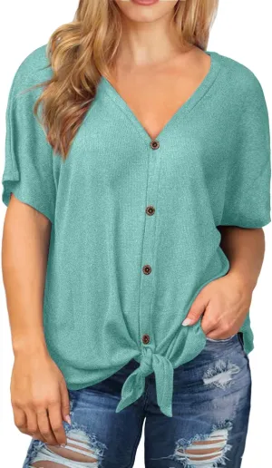 OLRIK Womens Plus Size Tops Short Sleeve V Neck Waffle Knit Tunic Blouse Tie Front Button Up T Shirts