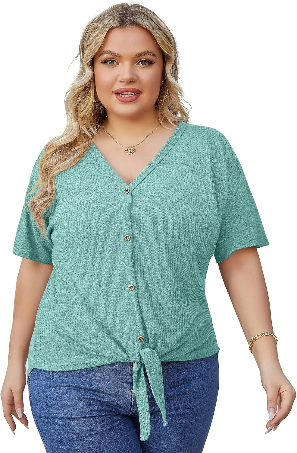 OLRIK Womens Plus Size Tops Short Sleeve V Neck Waffle Knit Tunic Blouse Tie Front Button Up T Shirts