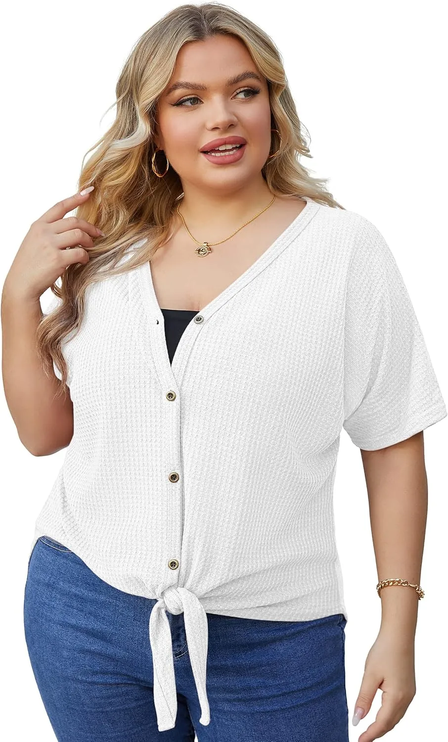 OLRIK Womens Plus Size Tops Short Sleeve V Neck Waffle Knit Tunic Blouse Tie Front Button Up T Shirts