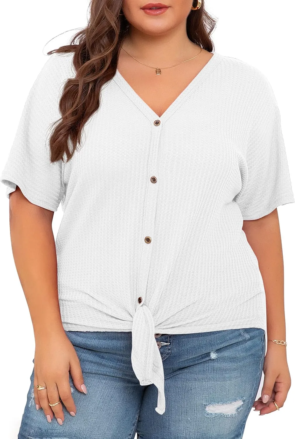 OLRIK Womens Plus Size Tops Short Sleeve V Neck Waffle Knit Tunic Blouse Tie Front Button Up T Shirts