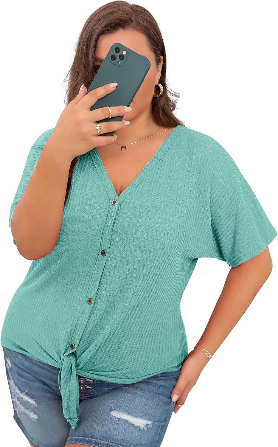 OLRIK Womens Plus Size Tops Short Sleeve V Neck Waffle Knit Tunic Blouse Tie Front Button Up T Shirts