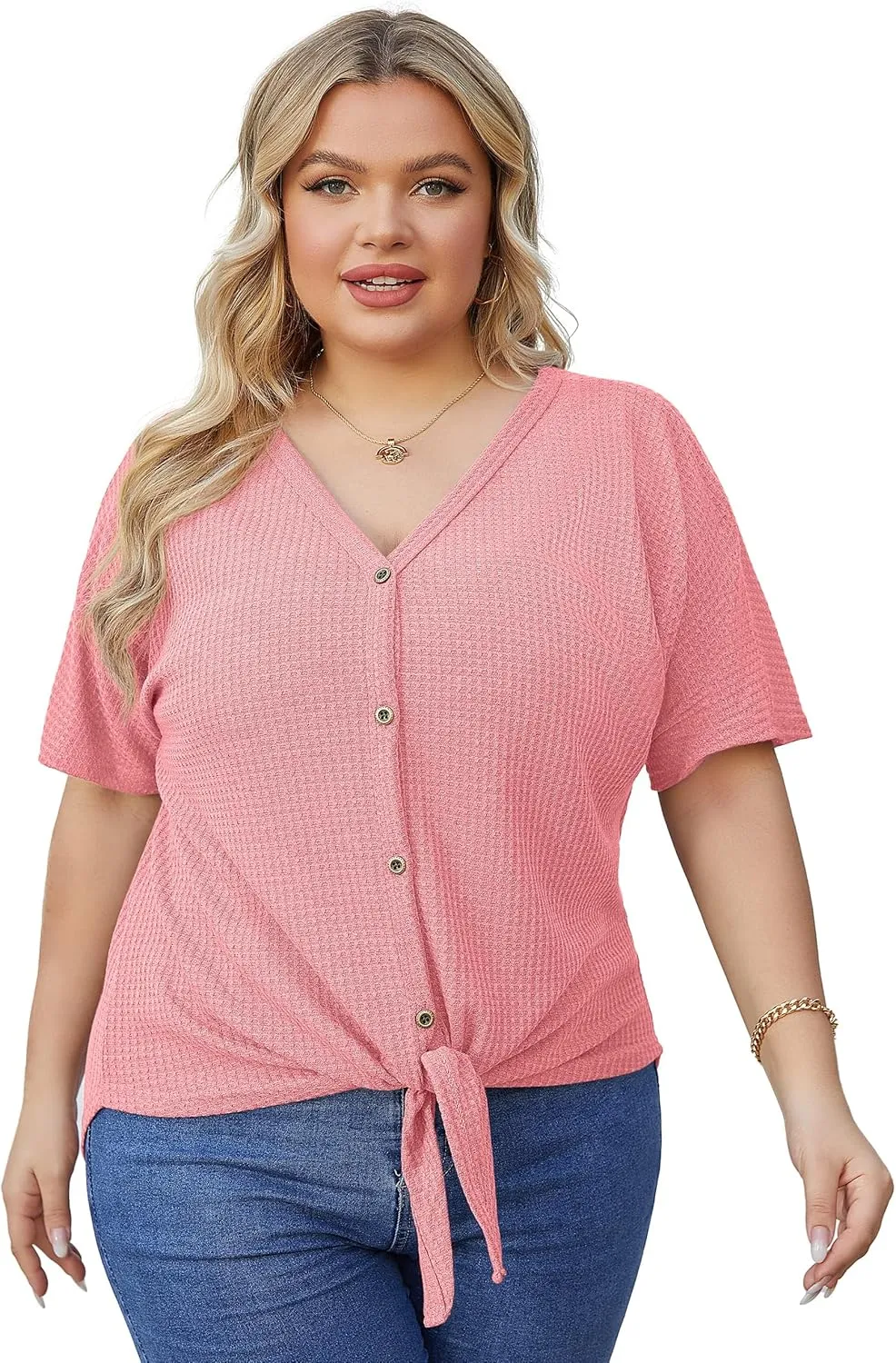 OLRIK Womens Plus Size Tops Short Sleeve V Neck Waffle Knit Tunic Blouse Tie Front Button Up T Shirts
