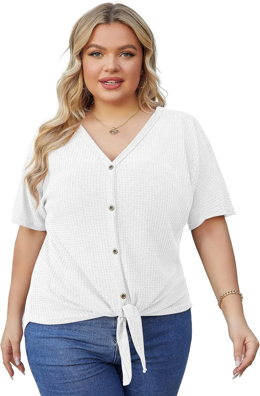 OLRIK Womens Plus Size Tops Short Sleeve V Neck Waffle Knit Tunic Blouse Tie Front Button Up T Shirts