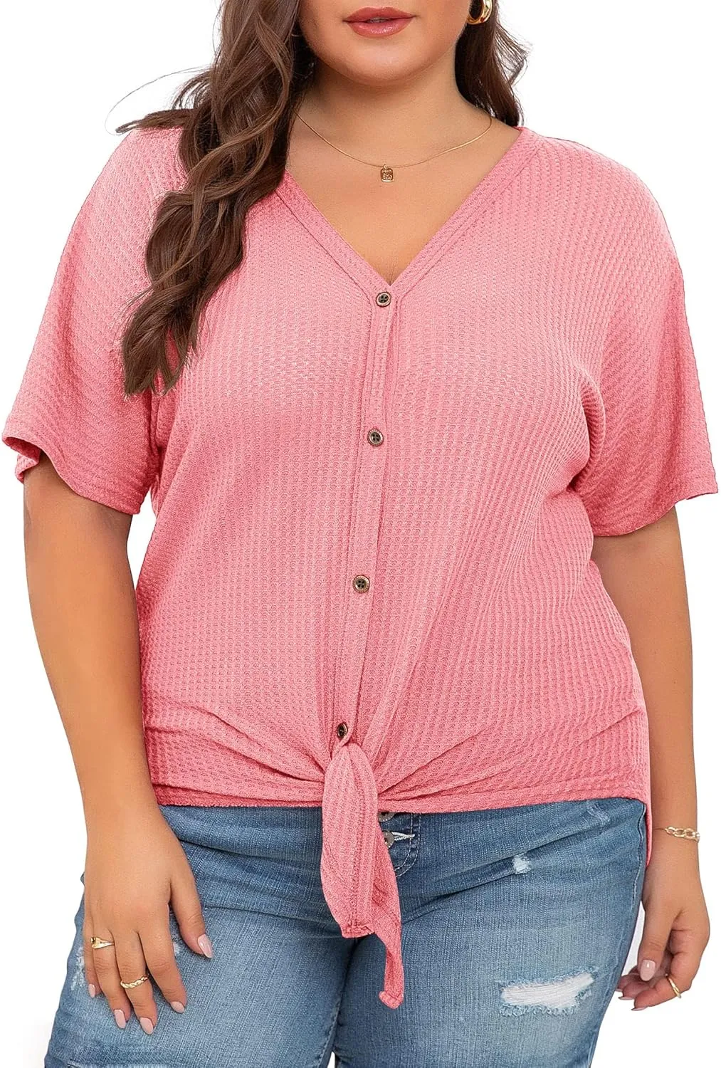 OLRIK Womens Plus Size Tops Short Sleeve V Neck Waffle Knit Tunic Blouse Tie Front Button Up T Shirts