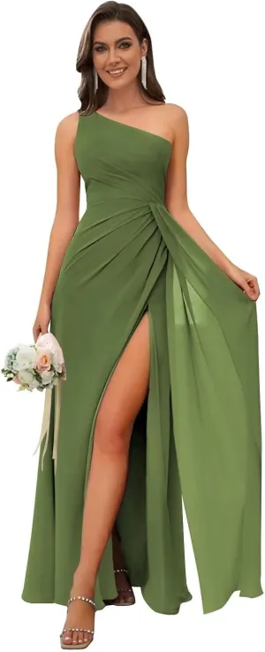 One Shoulder Bridesmaid Dresses for Wedding Chiffon Long Ruched Prom Formal Gown with Slit ZW09