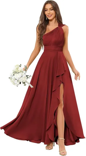 One Shoulder Bridesmaid Dresses for Women Ruffle Chiffon Evening Formal Gown with Slit