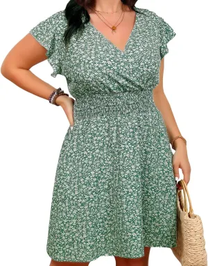 Oplxuo Women's Plus Size Summer Boho Dress Floral Printed V Neck Ruffle Short Sleeve Casual High Waist Beach Flowy Mini Dress