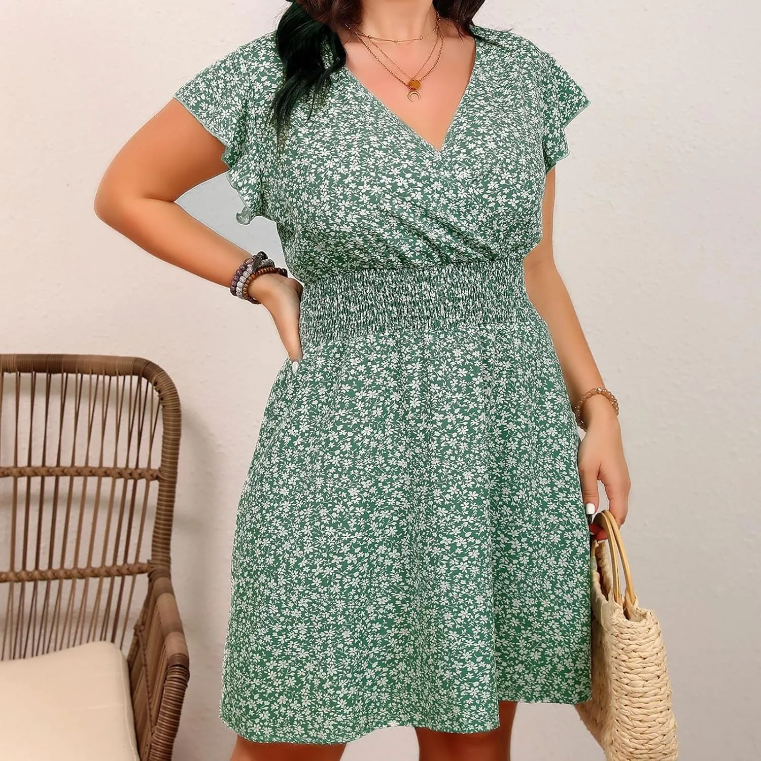 Oplxuo Women's Plus Size Summer Boho Dress Floral Printed V Neck Ruffle Short Sleeve Casual High Waist Beach Flowy Mini Dress
