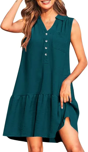 Oplxuo Women's Summer Mini Dress Sleeveless Lapel V-Neck Button Short Tank Sundress Flowy Ruffle Tiered Beach Vacation Dress
