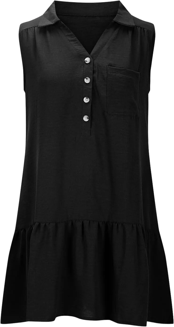 Oplxuo Women's Summer Mini Dress Sleeveless Lapel V-Neck Button Short Tank Sundress Flowy Ruffle Tiered Beach Vacation Dress