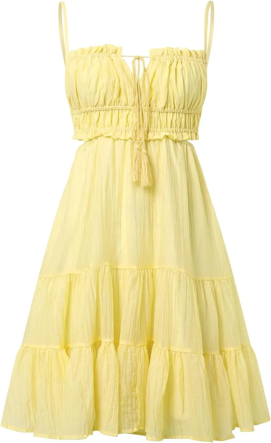 Party Dresses for Women Spaghetti Strap Short Beach Vacation Dress Sleeveless Ruffle Tiered Flowy A Line Mini Sundress