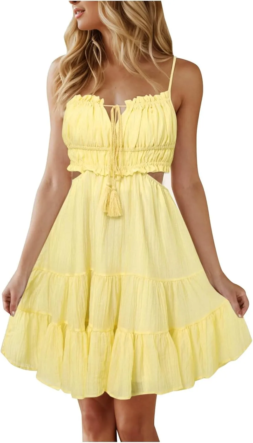 Party Dresses for Women Spaghetti Strap Short Beach Vacation Dress Sleeveless Ruffle Tiered Flowy A Line Mini Sundress