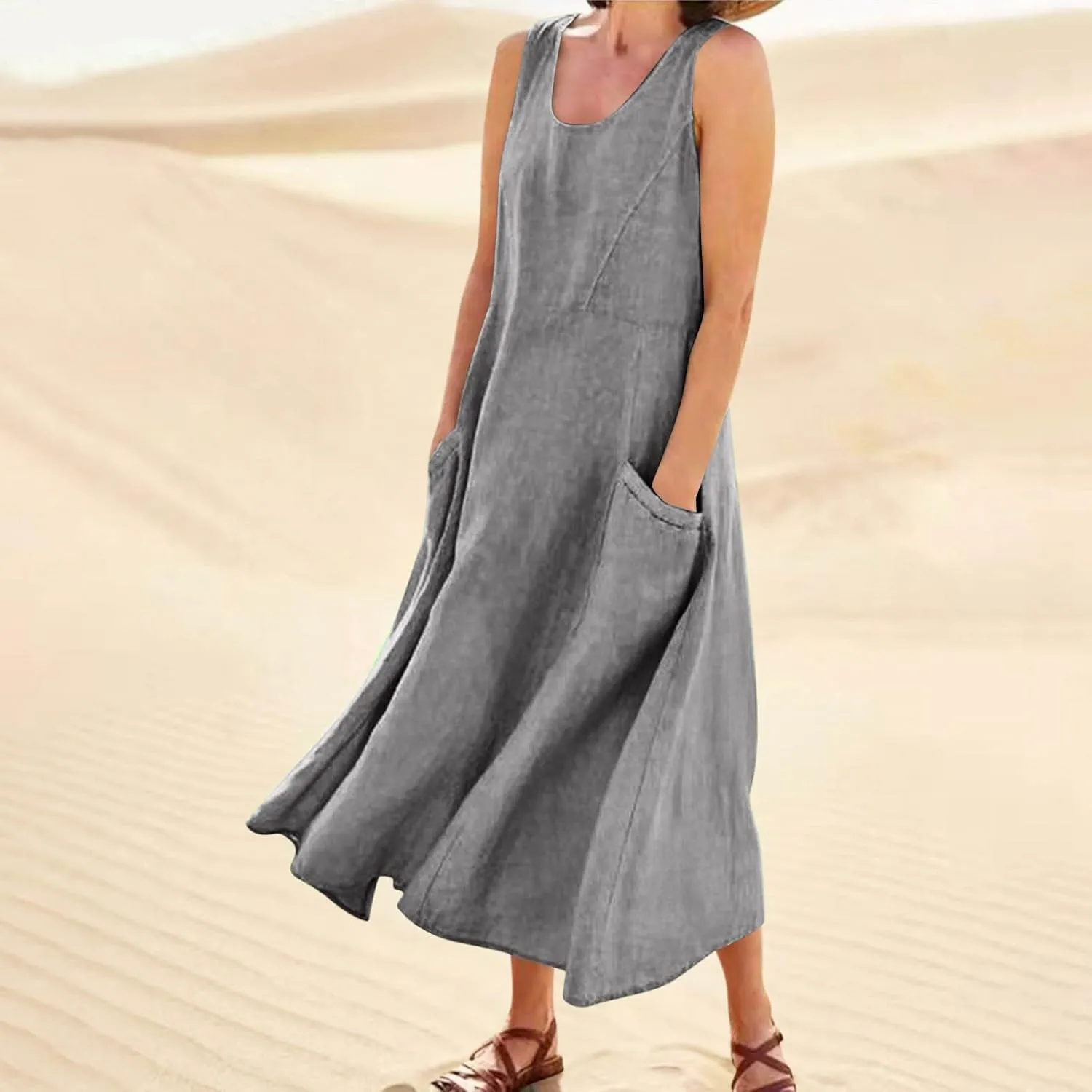 Plus Size Dresses for Curvy Women 2025 Flowy Round Neck Sleeveless Sundress Solid A Line Beach Midi Dress with Pocket