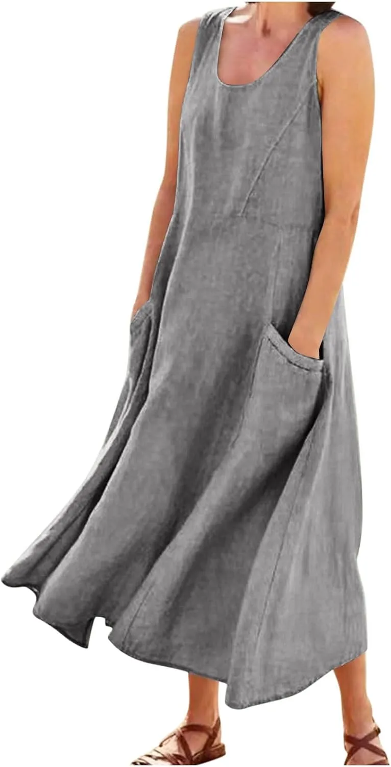 Plus Size Dresses for Curvy Women 2025 Flowy Round Neck Sleeveless Sundress Solid A Line Beach Midi Dress with Pocket