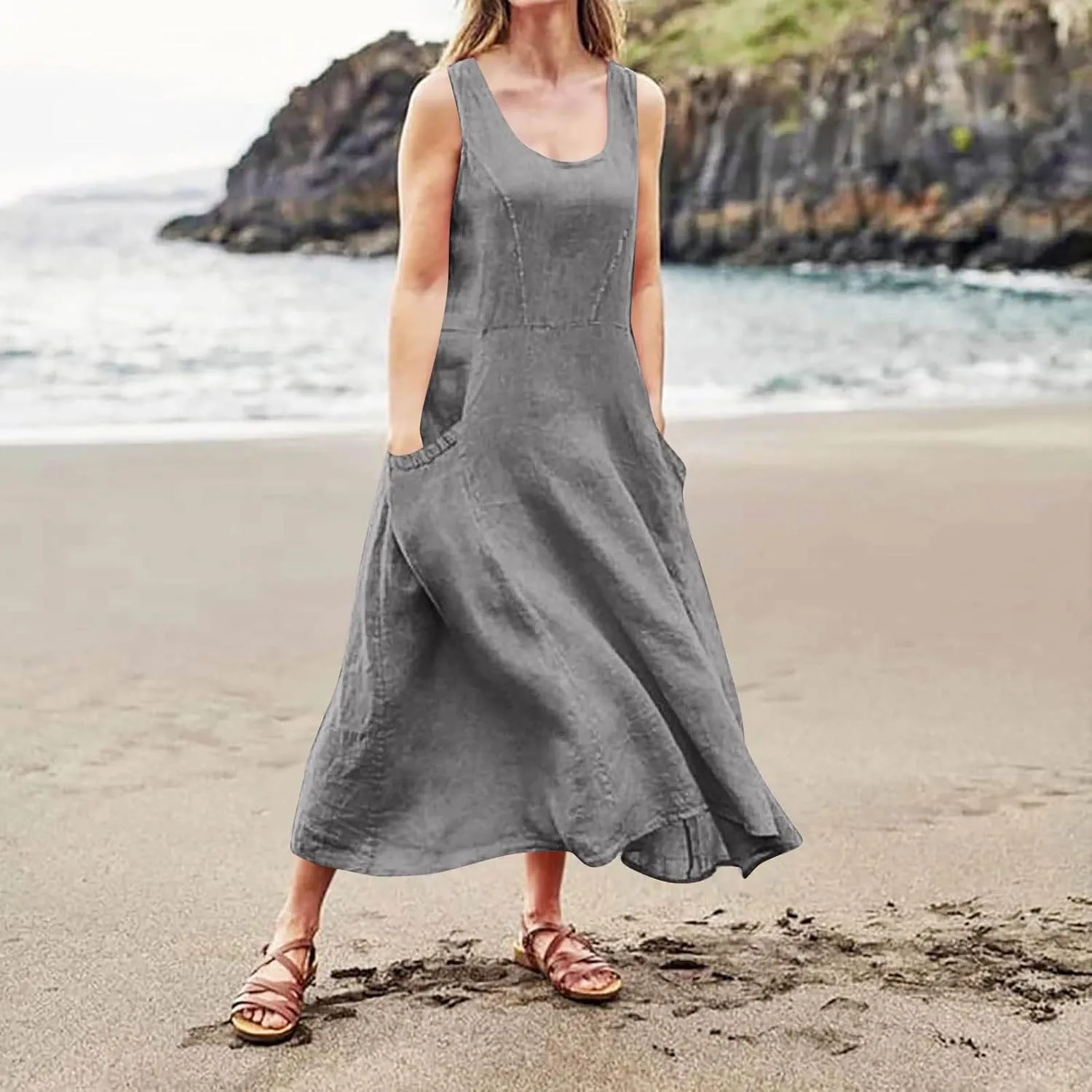 Plus Size Dresses for Curvy Women 2025 Flowy Round Neck Sleeveless Sundress Solid A Line Beach Midi Dress with Pocket