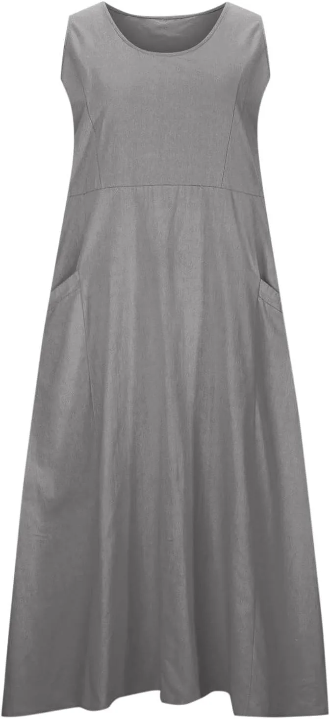 Plus Size Dresses for Curvy Women 2025 Flowy Round Neck Sleeveless Sundress Solid A Line Beach Midi Dress with Pocket
