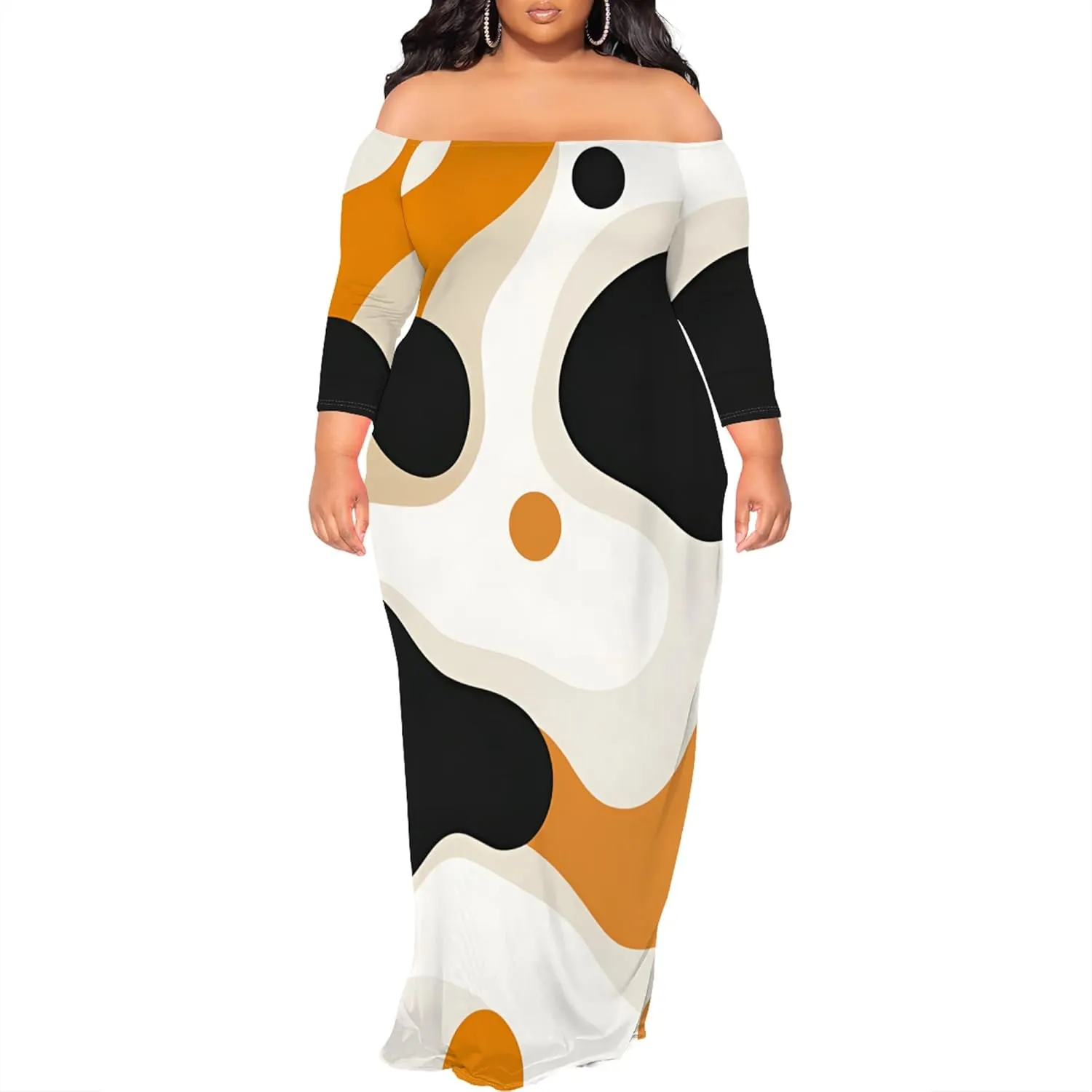 Plus Size Dresses for Curvy Women Sexy Off Shoulder Fall Dress Colorful Stripe Print Club Party Cocktail Fishtail Maxi Dress
