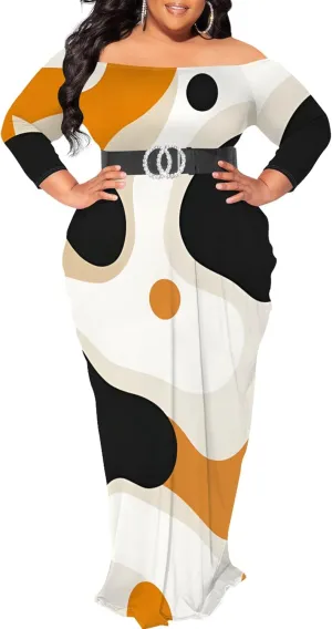 Plus Size Dresses for Curvy Women Sexy Off Shoulder Fall Dress Colorful Stripe Print Club Party Cocktail Fishtail Maxi Dress
