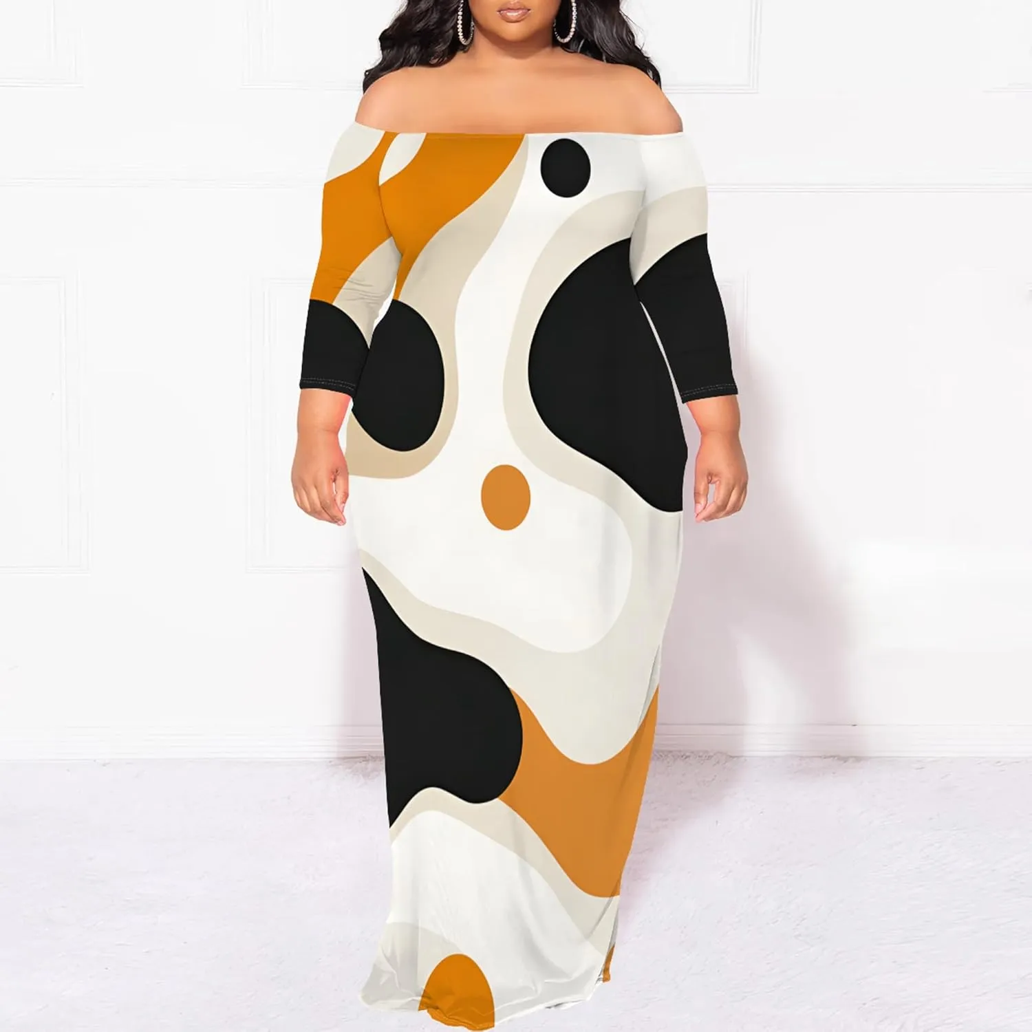 Plus Size Dresses for Curvy Women Sexy Off Shoulder Fall Dress Colorful Stripe Print Club Party Cocktail Fishtail Maxi Dress