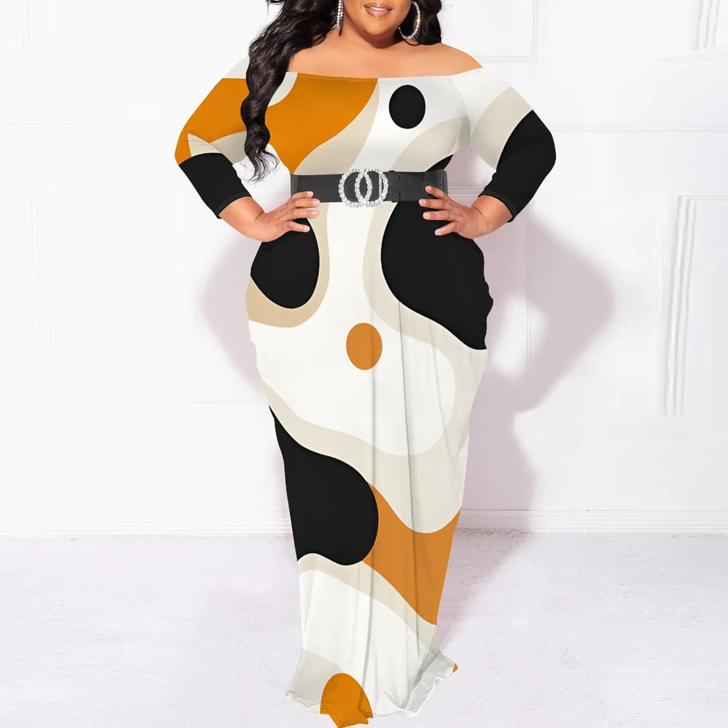 Plus Size Dresses for Curvy Women Sexy Off Shoulder Fall Dress Colorful Stripe Print Club Party Cocktail Fishtail Maxi Dress
