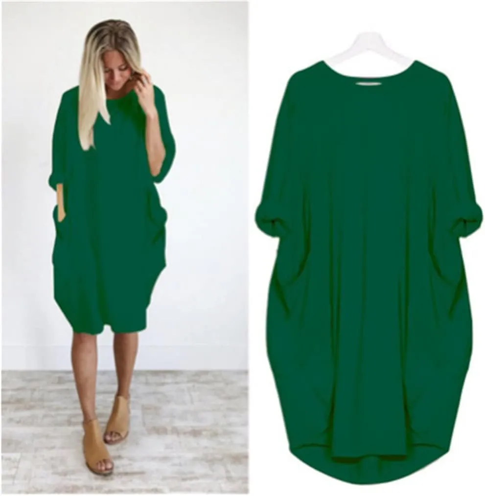 Plus Size Dresses for Women Summer Loose Crew Neck Long Sleeve Midi Dress Basic Solid Color Top Dress with Pockets