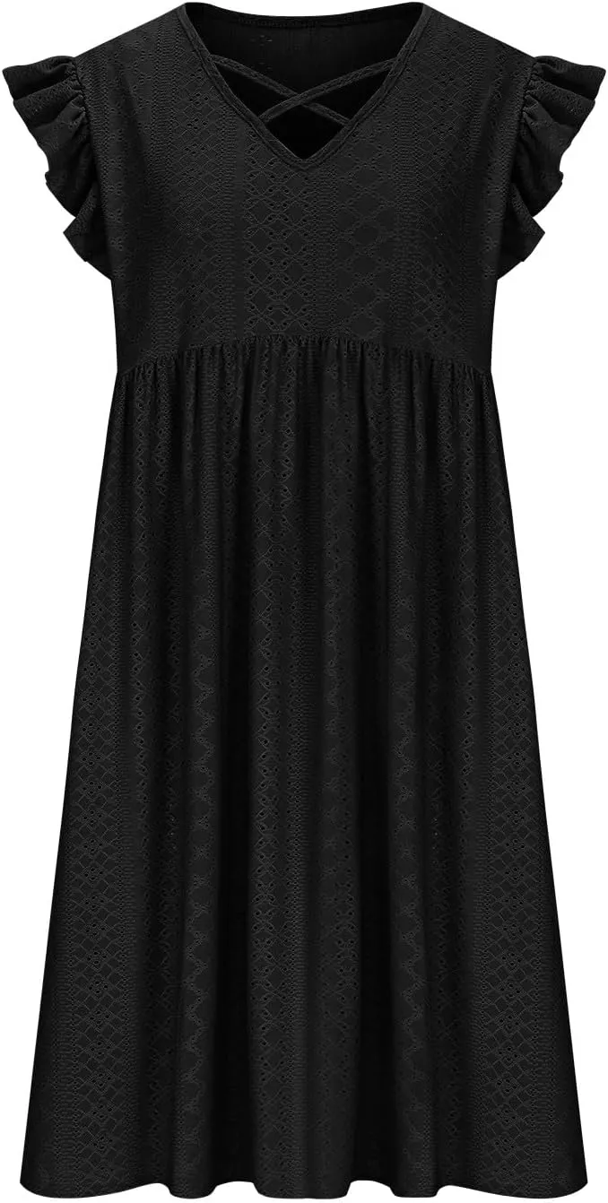 Plus Size Dresses for Women Summer Ruffle Cap Sleeve Cross V Neck Embroidered Eyelet Pleated A Line Knee Length Dress