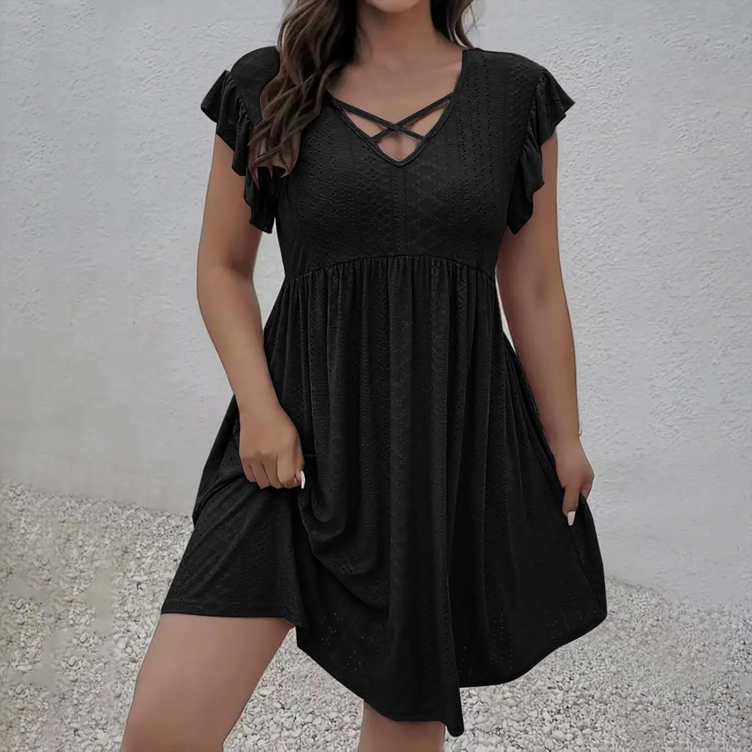 Plus Size Dresses for Women Summer Ruffle Cap Sleeve Cross V Neck Embroidered Eyelet Pleated A Line Knee Length Dress