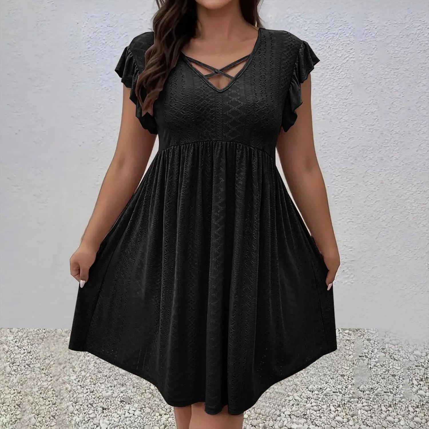 Plus Size Dresses for Women Summer Ruffle Cap Sleeve Cross V Neck Embroidered Eyelet Pleated A Line Knee Length Dress