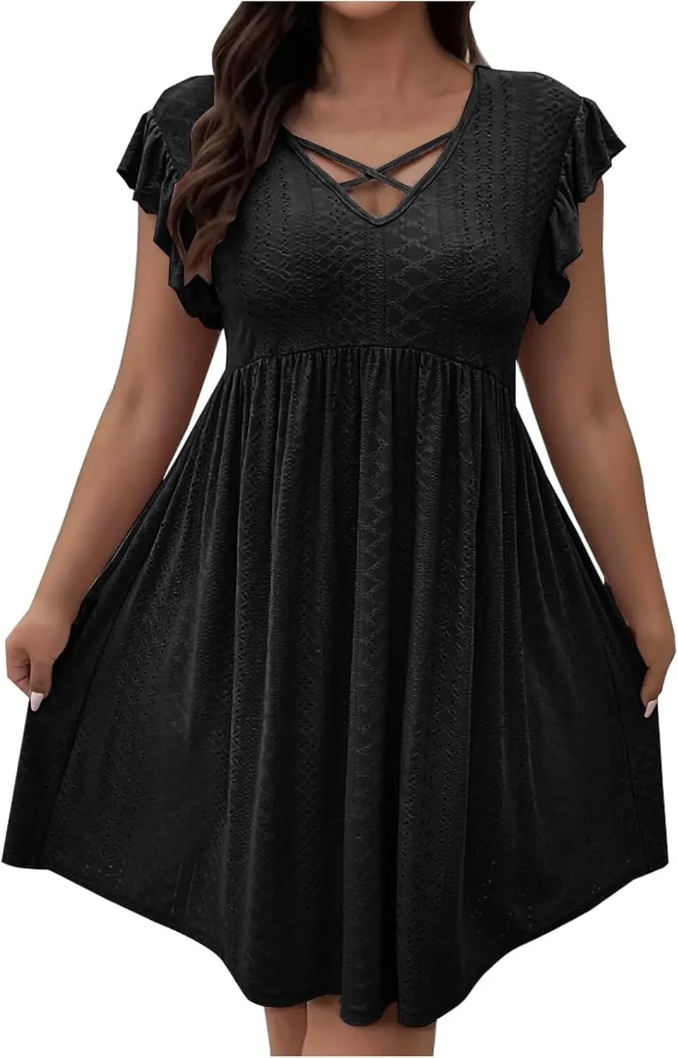 Plus Size Dresses for Women Summer Ruffle Cap Sleeve Cross V Neck Embroidered Eyelet Pleated A Line Knee Length Dress