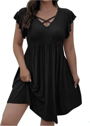 Plus Size Dresses for Women Summer Ruffle Cap Sleeve Cross V Neck Embroidered Eyelet Pleated A Line Knee Length Dress
