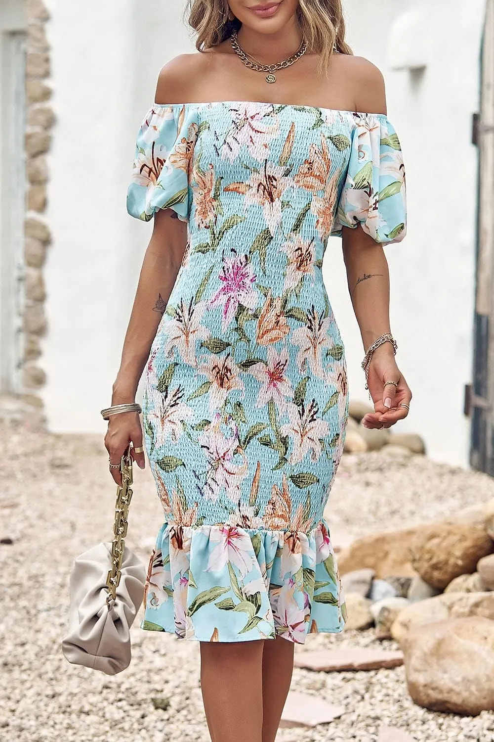 PRETTYGARDEN Bodycon Midi Dresses 2025 Summer Floral Puff Sleeve Mermaid Cocktail Baby Shower Photoshoot Maternity Dress