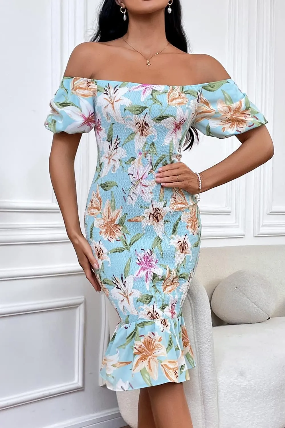 PRETTYGARDEN Bodycon Midi Dresses 2025 Summer Floral Puff Sleeve Mermaid Cocktail Baby Shower Photoshoot Maternity Dress