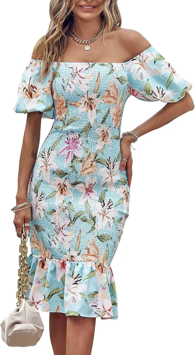 PRETTYGARDEN Bodycon Midi Dresses 2025 Summer Floral Puff Sleeve Mermaid Cocktail Baby Shower Photoshoot Maternity Dress